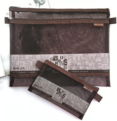 Mesh Zipper Bags A4 Paper File Storage Office Document Bags Document File Pocket Students Files Category Bag Suitable pencil case pen bag Pencil Bags cosmetic bag(Brown 2pcs)