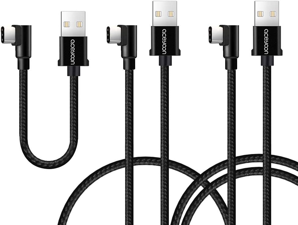 aceyoon Right Angle USB C 3 Pack 1ft 3ft 6ft 90 Degree Type C Braided Elbow USB C Charger and Data Sync L Shape USBC Cable Compatible for S10/S9/S8/Note 8, P30/P20/P10, Pixel 2/3