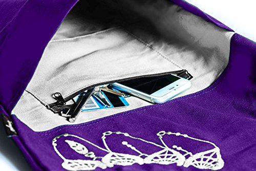 Zenifit Yoga Mat Bag - Elegant & Embroidered Cotton Tote With 2 Pockets | Wide Sling Carrier With Long Strap & 2 Elastic Mat Bands (Imperial Purple & Ash Gray