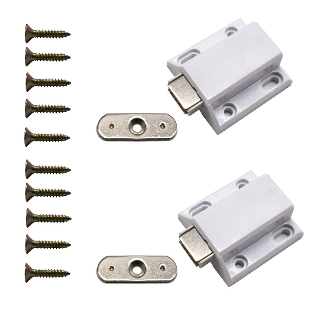10 PCS White Plastic Magnetic Pressure Touch Release Catch Soft Close Strong Spring Loaded Magnetic Closure with Strike for Cabinet Cupboard Wardrobe Room Kitchen Bathroom