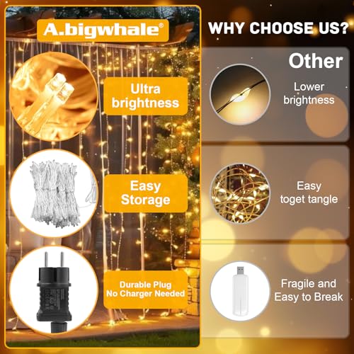A.bigwhale Curtain Lights Outdoor with Plug, LED Lights Christmas Garlands Luminous 3 x 2 m, 8 Modes Waterfall Light for Indoor Outdoor Wall Decorated Window Wedding Party Birthday Balcony Garden