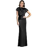Wjque Satin Mother of The Bride Dresses for Women Long Mermaid Cap Sleeve Pleated Cowl Neck Formal Wedding Guest Dress