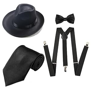ZeroShop 1920s Mens Accessory Set Manhattan Fedora Hat, Suspenders Y-Back Elastic Trouser Braces,Pre Tied Bow Tie,Gangster Tie (Onesize, Black)