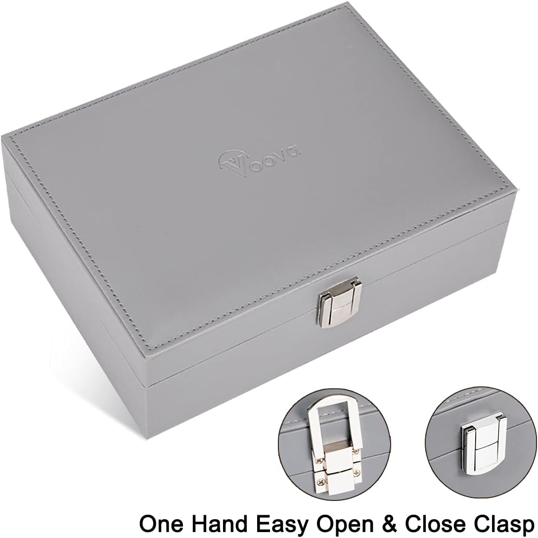 Voova Jewelry Box Organizer for Women Girls, 2 Layer Large Men Jewelry Storage Case, PU Leather Display Jewel Holder with Removable Tray for Necklace Earrings Rings Bracelets, Vintage Gift, Grey: Home & Kitchen