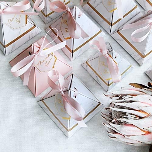 Maxbei 50Pcs Wedding Candy Box Triangular Pyramid Marble Style Wedding Favors and Gifts Boxes Chocolate Box Party Supplies (Large)