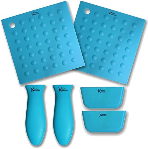 6 Piece Silicone Kitchen Set - Kitchen Addiction 2 Hot Handle Holder Sleeves, 2 Trivet/Potholder/Grippers, 2 Assist Handles Set (Turquoise)