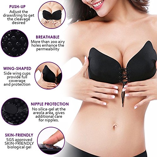 【NEW 2018 VERSION】Adhesive Bra Push Up Strapless Bras, Backless Reusable Invisible Bra with Drawstring for Women
