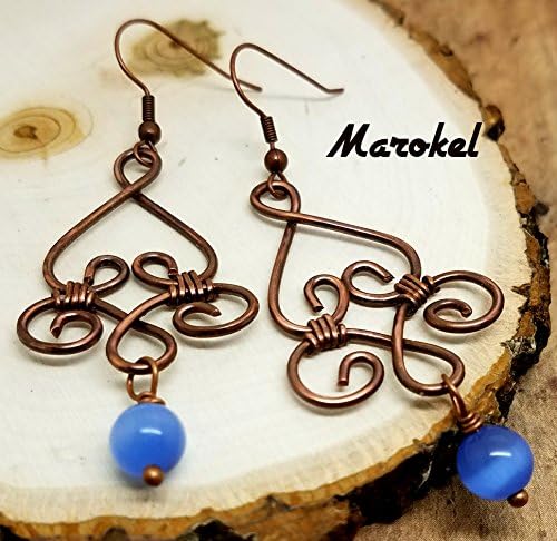 Sky Blue Cats Eye Earrings Copper Wire Hearts Coils Wire Wrapped Azure