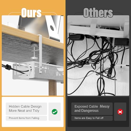 Under Desk Cable Management Tray No Drill, Metal Mesh Cable Tray with Clamp for Desk Wire Management, Desk Cable Management Box and Cord Organizer for Office, Home (White)