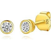 Lavishe 14K Gold Plated 925 Sterling Silver Cubic Zirconia Round Bezel Set Stud Earrings, 2mm to 4mm Stone