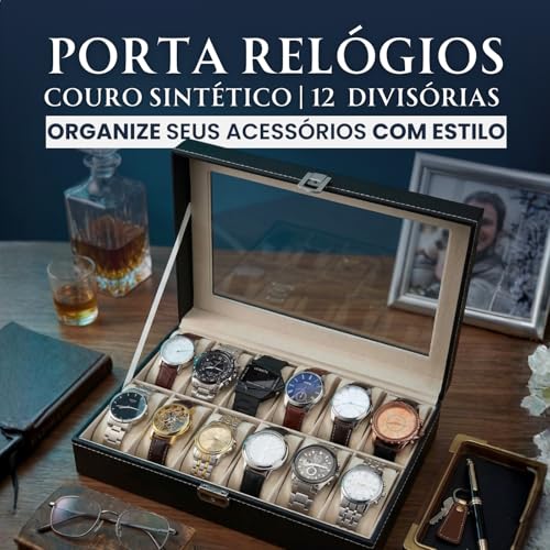 Porta-Relógios Luxo em Couro Sintético, 12 Compartimentos, com Visor Acrílico Transparente, Almofadas Removíveis, 30x20x7 cm