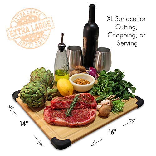 Extra Large Premium Organic Bamboo Kitchen Cutting Board & Chopping Board with Juice Groove, Non-Slip Bamboo Cutting Board & Serving Platter for Meats (Butcher Block), Cheeses, Vegetables - Heavy Duty