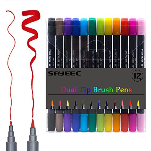 Watercolor Brush Pens Set,SAYEEC 12 Colors Dual Tip Brush Pens with Fineliner Tip Art Marker Soft Flexible Tip Durable Create Watercolor Effect - Best for Adult coloring Books/Manga/Comic/Calligraphy