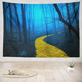 threetothree 80 X 60 Inches Tapestry Wall Hanging Interior Decorative Yellow Brick Road Spooky Foggy Forest Dark Scene Woods Fog for Bedroom Living Room Tablecloth Dorm