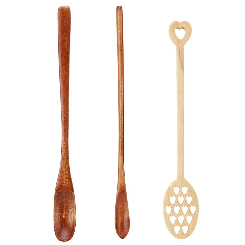 Coffee Spoon, 3Pcs Home Long Handle Wood Stirring Spoon Mixing Slotted Spoon for Coffee Milk Honey Use