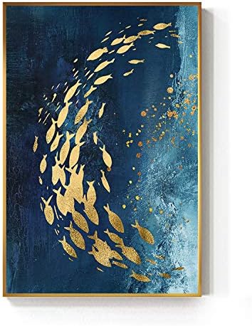 Abstract Gold Fish Chinese Canvas Painting Big Blue Poster Print Luxurious Wall Art for Living Room Aisle Gold Tableaux Picture,40X60Cm No Frame,Gold Fish B