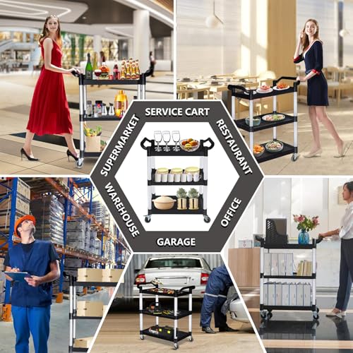 3-Tier Utility Carts with Wheels, Black Rolling Service Cart or Office Warehouse Garage Workshop Restaurant, 400lbs Capacity 80 * 42 * 96Cm