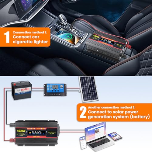 Lnopever 1500 W Power Inverter 12 V 220 V, Premium Avec Alum Cigare, Current Converter with 2 USB Ports, for Car, Steam Boat, Car Camper Refrigerator and Computer