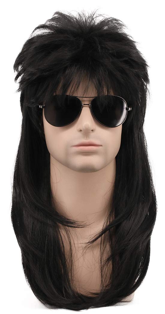 Karlery Long Straight Black 80s Disco Mullet Wig Halloween Costume and Cosplay Punk Rock Wig