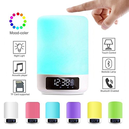 Keynice LED Bluetooth Speaker, Bedside Lamp,Touch Sensor Table Lamp, Dimmable Warm White Light&Color Changing RGB+Multicolor Dimmable Night Light, Alarm Clock,Military Time display - White