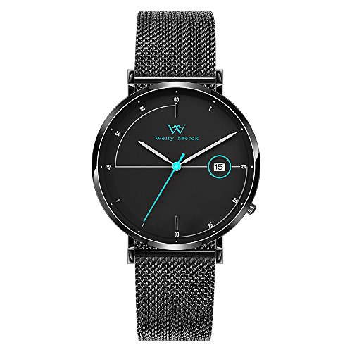 Welly Merck Men's Watch Swiss Quartz with Date Luxury Minimalist Watch Blue Hand Date Display 20mm Black Width Mesh Interchangeable Mesh Strap, 5 ATM Water Resistant