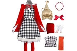 Kuberas Christmas Costumes for Kids Girls 7PCS Christmas Velvet Cape Dress Wig Accessories Halloween Christmas Cosplay Outfit