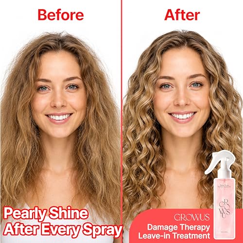 GROWUS Damage Therapy No-Wash Treatment - Leave-in Conditioner Spray & Heat Protectant for Dry Damaged Hair - Anti-Frizz Detangler with Pearl Protein, Softness & Radiant Shine, 8.45 fl.oz (Due Rose)