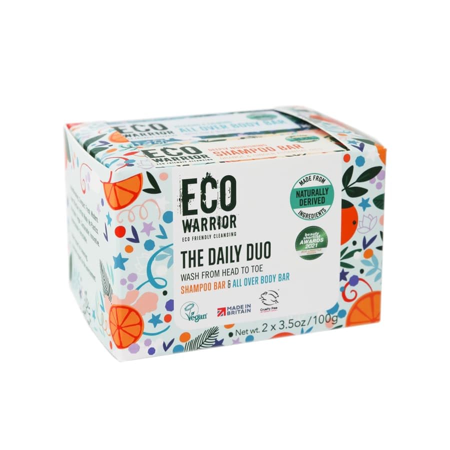 Eco Warrior Daily Duo Shampoo & All Over Body Soap Bar | Vegan, Cruelty Free, Eco Friendly, No SLS or Parabens | With Orange & Eucalyptus essential oils and Shea Butter Blends | Gifts for her 100g x 2
