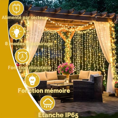 Joycome Light Curtain, 6 x 3 m, 600 LEDs, Mains Powered Light Curtain, 8 Modes String Lights for Interior, Outdoor, Wall, Bedroom, Ceiling, Balcony, Wedding Decoration – Warm White