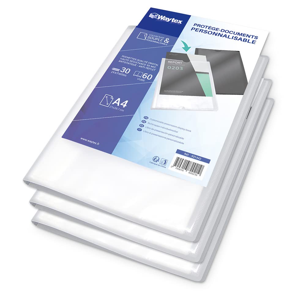 WAYTEX 931442P Document Protectors A4 Customisable (Pack of 3) 60 Views 30 Pockets Polypropylene Cover Transparent