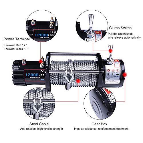 Winch,SCITOO 12V Electric Winches with Roller Fairlead Electric Steel Cable Winch Kit,with Wireless Remote Control for Towing for Jeep/SUV Boat Off Road,12000 LBS - Image 2