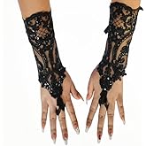 Specell Gothic Long Lace Fingerless Gloves Women's Fingerless Lace Sequins Glove For Wedding Prom Tea Party Glove Accessories