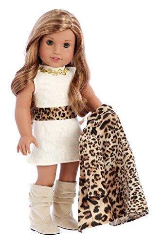 Fashion Girl - 3 piece outfit - Cheetah Coat, Ivory Dress and Ivory Boots - 18 Inch Doll Clothes (doll not included)