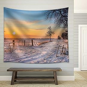 Gates and Fences in Winter Landscape with Snowy Fields and Blue Sky in Drenthe Netherlands - Fabric Wall Tapestry Home Decor - 51x60 inches