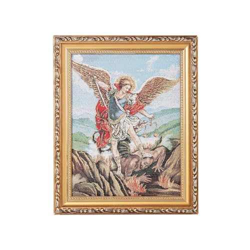 HZMAN St Michael Painting Retro Handmade Weave Holy Archangel Character Picture Poster Wall Tabletop Frames for Living Room Bedroom 10x8 inch
