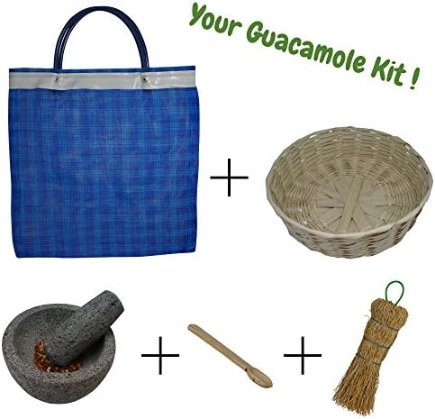 Mexican molcajete bowl bundle, includes 4-inch stone mortar and pestle set, tortilla basket, wooden salsa spoon, natural fiber cleaning brush and mesh grocery bag, perfect gift set (4 inch)