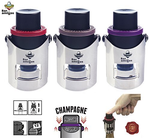 Click Here to See More Images Bar Amigos Triple Value Pack Of 3 Champagne Pressure Stopper - Purple Grey Red Set Saver Pump Sealer Switch To Keep Your Bottle Of Sparkling Wine Champaign Fresh For 7 Days