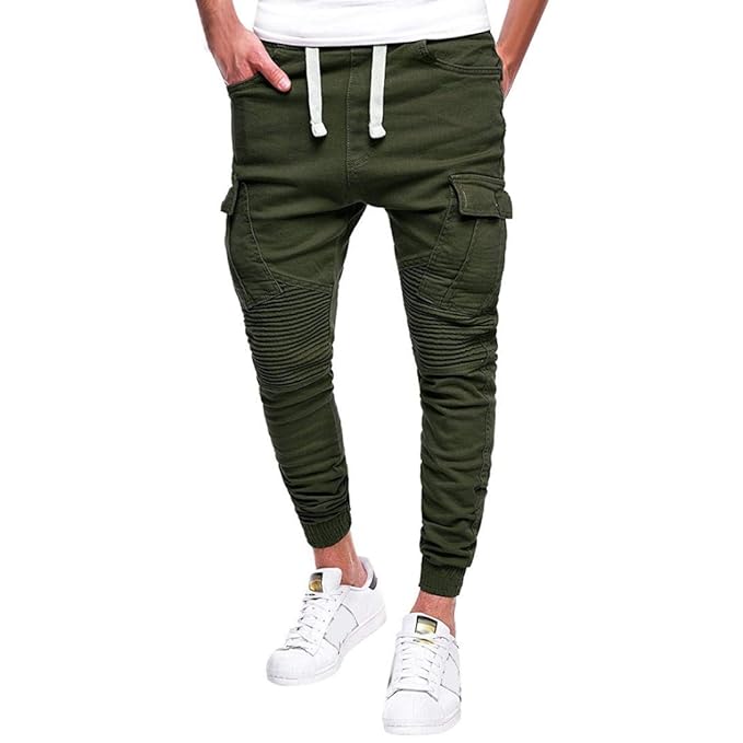 UJUNAOR Jogger Cargo Herren Plissee Chino Jeans Hose mit Kordelzug