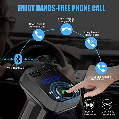 Bluetooth FM Transmitter for Car, LUMAND Wireless Bluetooth Radio Transmitter Car Kit with 2 Ports USB Charger 5V/2.4A&1A, Support USB Drive, TF Card and Hands Free Calling