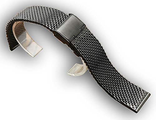 Milanese Mesh Stainless Steel Strap with Hook Buckle 22mm Classic Polished Silver Watch Band - Black - Thumbnail 4