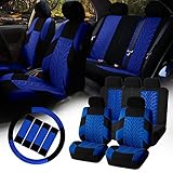 FH-FB071115 Complete Set Travel Master Seat Covers Airbag Ready & Rear Split with Steering Wheel Cover, Seat Belt Pads Blue- Fit Most Car, Truck, Suv, or Van