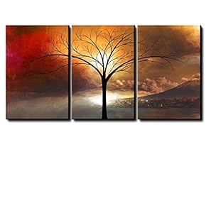 Canvas Prints Wall Art - Abstract Modern Home Art Majestic Cloudy Sunset View of a Mountain Village with a Black Tree - Framed and Ready to Hang - 16"x24" x 3 Panels