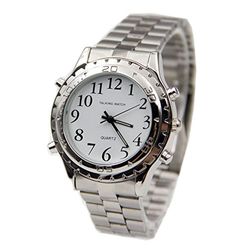 Talking Wrist Watch with Alarm, Analog Hands and Digital Talking Clock (Stainless Steel)
