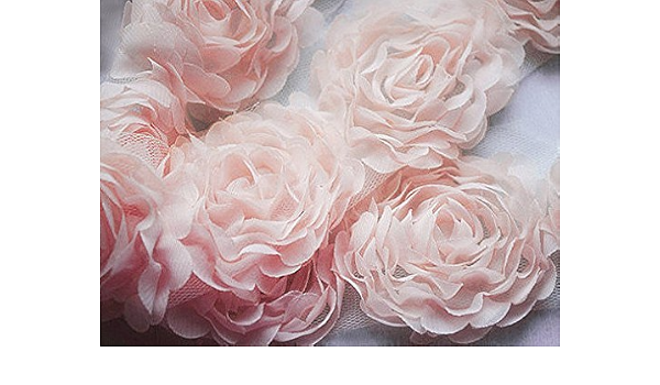 Amazon Com 2 Yards Chiffon Rose Lace Trim Applique Peach Pink 3d Bridal Wedding Camellia Ruffled Flower La017