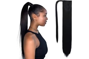SEIKEA Clip in Ponytail Extension Wrap Around Long Straight Pony Tail Hair 28 Inch Synthetic Hairpiece - Black