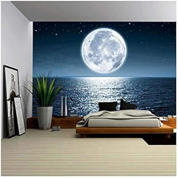 wall26 - Full Moon Rising Over The Ocean Empty at Night with Copy Space - Removable Wall Mural | Self-Adhesive Large Wallpaper - 100x144 inches