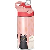 GOODOLD Cute Cat Kids Water Bottle, Insulated Stainless Steel Water Bottles with Straw Lid, 12 oz BPA-Free Leakproof Duck Mouth Tumbler for Boys Girls