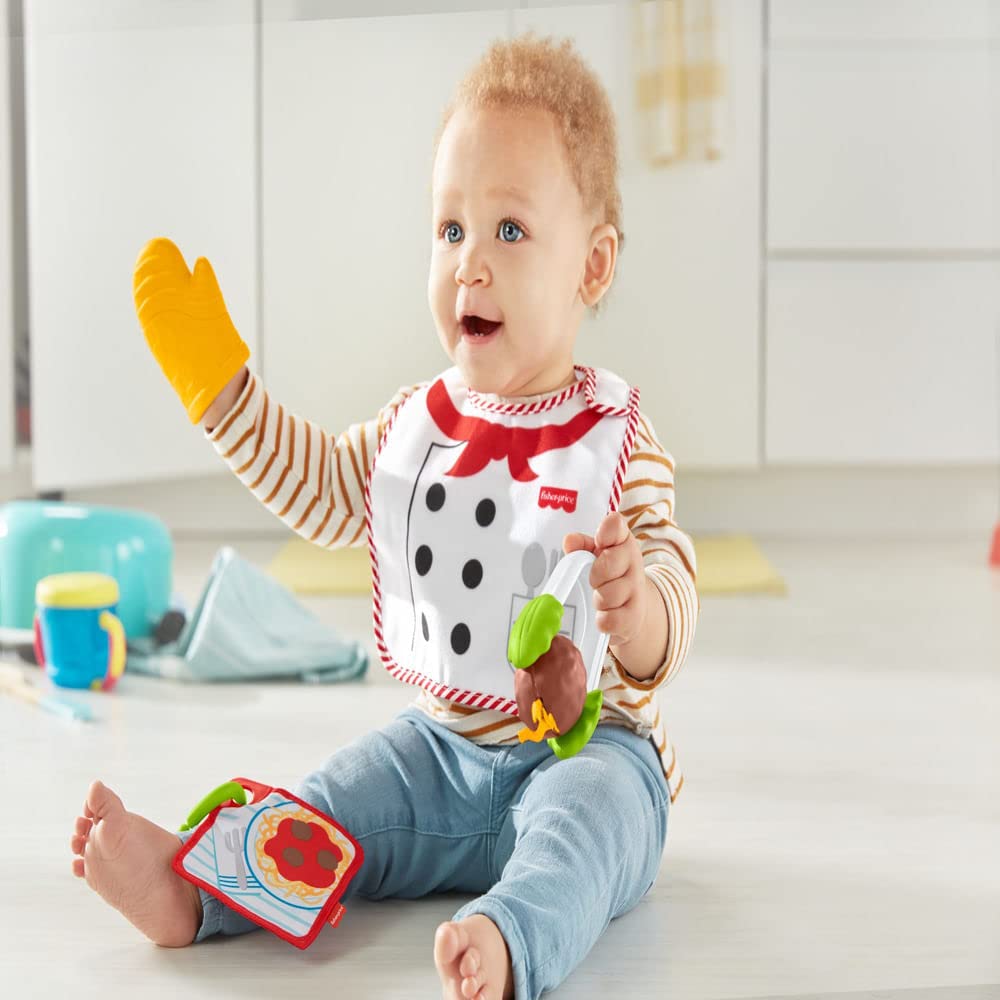 Fisher-Price Cutest Chef Gift Set, 4 cooking-themed baby toys with wearable bib and teether for babies ages 3 months and older