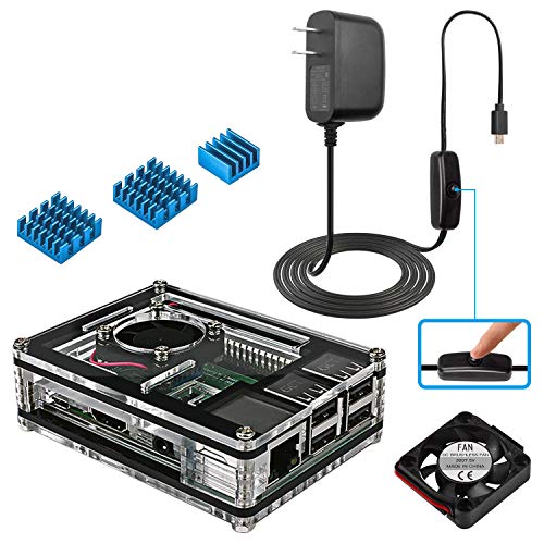 Miuzei Raspberry Pi 3B+ Case with Fan Cooling and 3× Heat-Sinks, 5V 3A Power Supply with On/Off Switch Cable for RPi 3B+, 3B, 2b