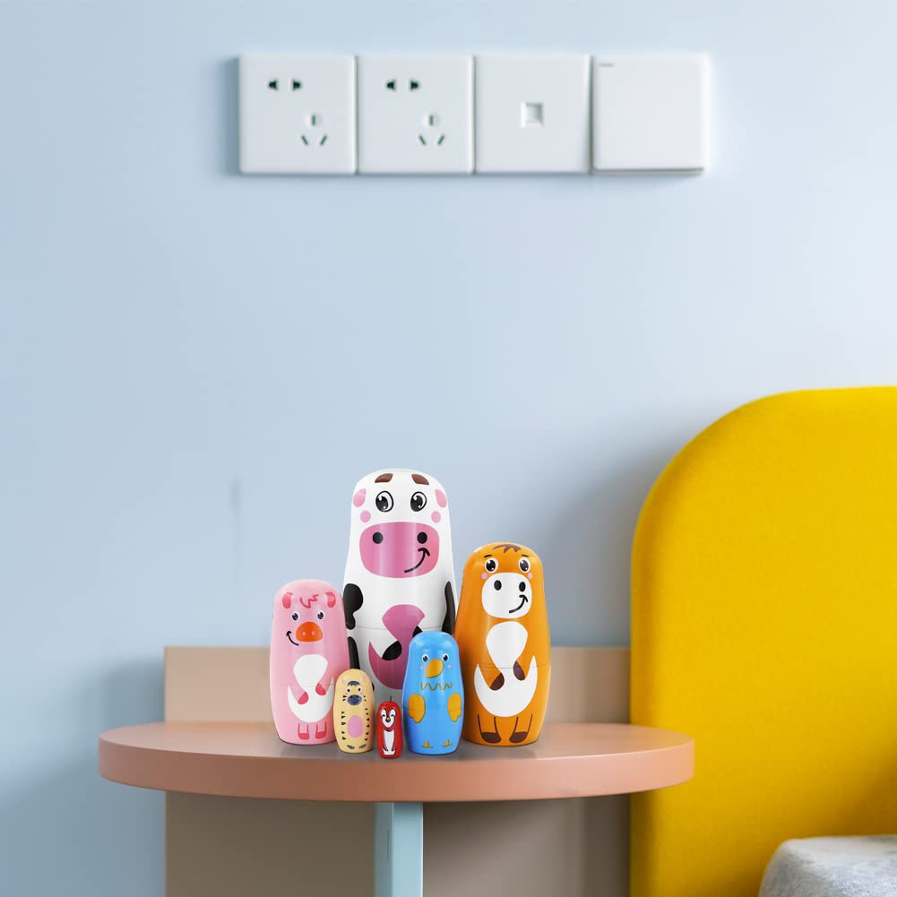 Winterworm Set of 6 Farm Animal Nesting Dolls Cow Cattle Pig Chick Horse Bird Wooden Russian Doll Wooden Matryoshka Dolls for Easter Christmas Birthday Kids Stacking Toy Gift Home Decoration